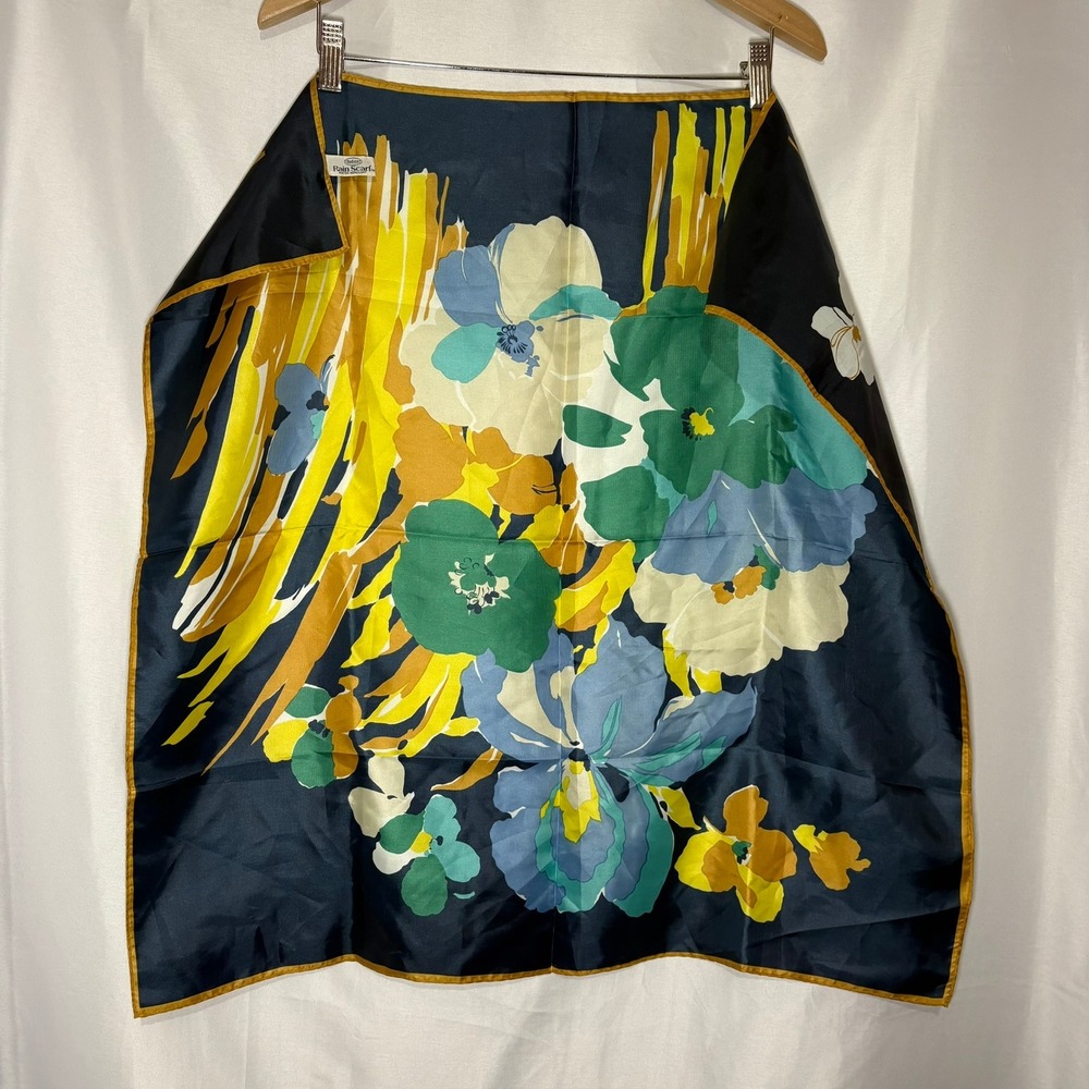 Vintage Totes Rain Scarf 1977 Floral Navy Blue Yellow Water Repellent 27" Square